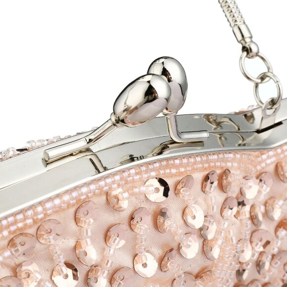 BEADED Sequin Flower Clutch Bag Champagne - Picture 7 of 8